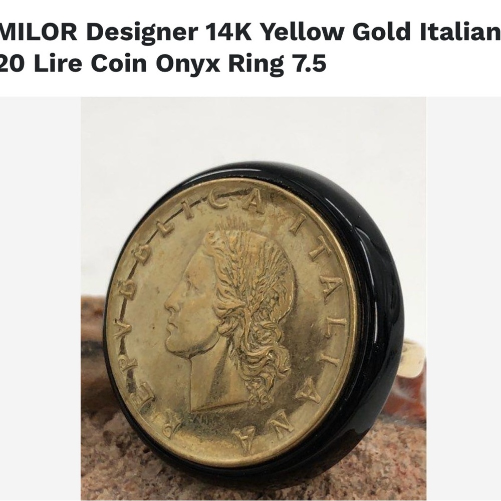 Milor Designer 14K Yellow Gold Italian 20 Lire Coin Onyx Ring Size 7.5 , 7.8 g